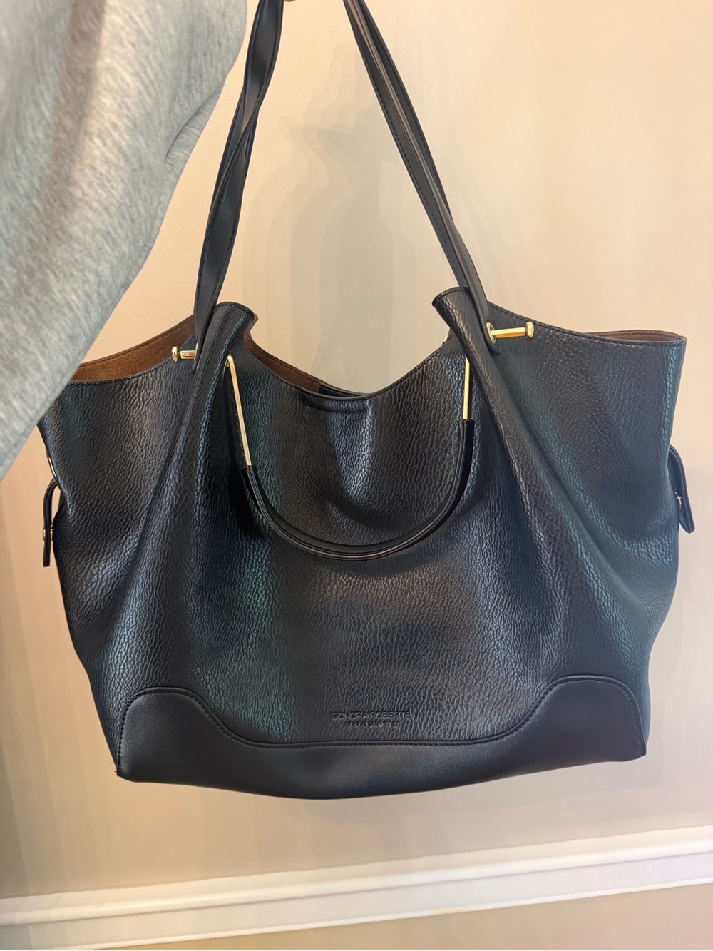 Sondra Roberts Black Leather Tote with Gold-Tone Accents